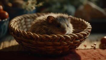 Fluffy cute rodent sitting in wicker basket, looking curious indoors generated by AI photo