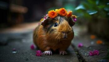 Fluffy guinea pig sitting on grass, looking at yellow flower generated by AI photo
