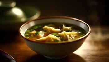 Steaming hot bowl of pork dumplings, a Chinese delicacy generated by AI photo