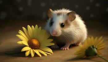 Fluffy yellow mouse smelling daisy, cute portrait in nature meadow generated by AI photo