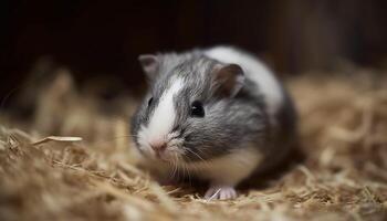 Fluffy small guinea pig sitting in hay, looking at camera generated by AI photo