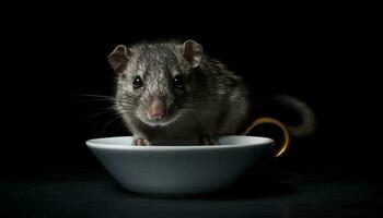 Cute small mammal with whiskers sitting on black plate indoors generated by AI photo