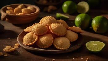 Rustic homemade dessert Coconut and lime slice on wooden table generated by AI photo