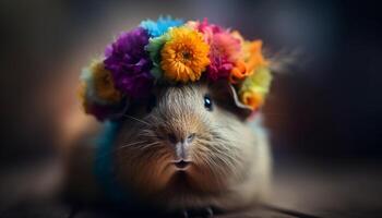 Fluffy yellow rabbit and multi colored guinea pig in close up portrait generated by AI photo