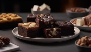 Indulgent gourmet plate of fresh homemade chocolate brownie variations generated by AI photo