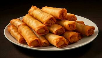 Fresh vegetarian spring rolls, a healthy and savory appetizer plate generated by AI photo