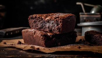 Homemade dark chocolate brownie slice on rustic wooden table generated by AI photo