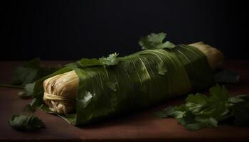 Fresh vegetarian meal wrapped in green leaves with cilantro and parsley generated by AI photo