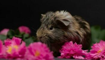 Fluffy guinea pig sitting in grass, surrounded by daisies generated by AI photo