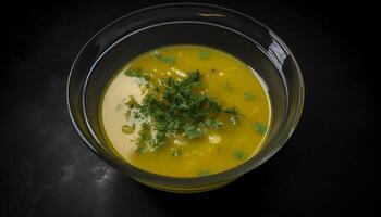 Healthy vegetarian soup with organic vegetables and fresh parsley garnish generated by AI photo