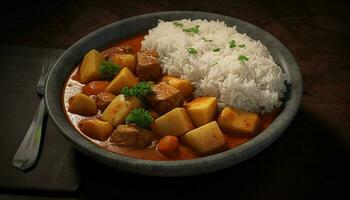 Healthy vegetarian stew with steamed basmati rice on rustic crockery generated by AI photo