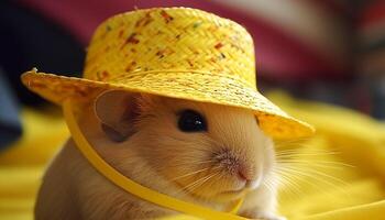 Fluffy yellow baby rabbit sitting outdoors wearing straw hat generated by AI photo