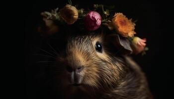 Fluffy guinea pig with yellow flower, looking at camera humorously generated by AI photo