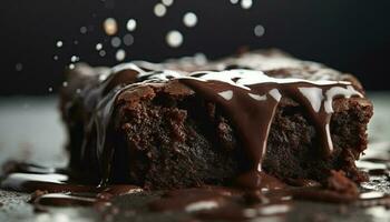 Decadent homemade chocolate brownie slice with creamy chocolate sauce decoration generated by AI photo