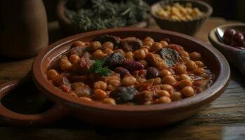 Healthy vegetarian stew with fresh vegetables and homemade bread generated by AI photo