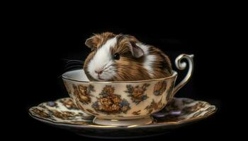 Cute fluffy guinea pig eating from small bowl on saucer generated by AI photo