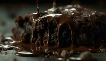 Indulgent homemade brownie with dark chocolate icing and hazelnut fudge generated by AI photo