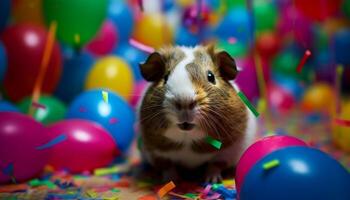 Cute small mammal celebrates birthday with multi colored balloons and confetti generated by AI photo