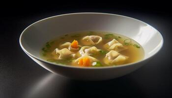 Healthy vegetable soup with fresh carrot, onion, and parsley generated by AI photo