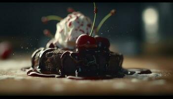 Indulgent gourmet dessert Dark chocolate berry pie with fresh fruit generated by AI photo