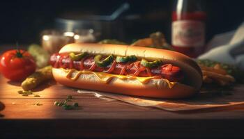 A la parrilla carne de vaca caliente perro en bollo con salsa de tomate y papas fritas generado por ai foto