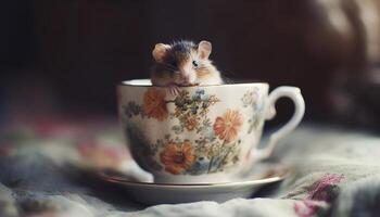 Fluffy kitten sitting on table, drinking from saucer of coffee generated by AI photo