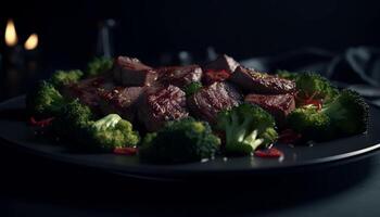 Grilled beef fillet with broccoli and tomato salad, healthy meal generated by AI photo