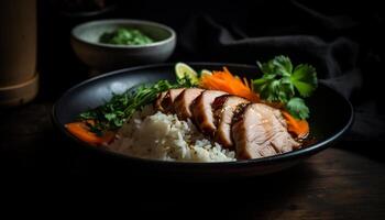 A la parrilla Cerdo filete con vegetal ensalada en vajilla plato generado por ai foto