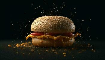 A la parrilla hamburguesa con queso en sésamo bollo con tomate y cebolla generado por ai foto