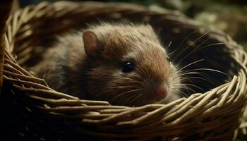 Fluffy small rodent in wicker basket, close up of cute rabbit generated by AI photo