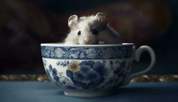 Fluffy rodent sitting at table, eating gourmet sweet food generated by AI photo