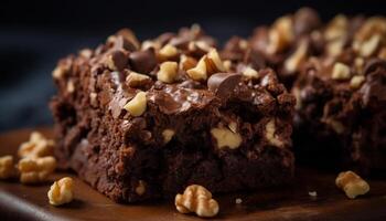 Indulgent homemade brownie stack with dark chocolate and nuts generated by AI photo