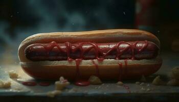 Grilled hot dog on bun with ketchup, onion, and relish generated by AI photo
