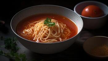 Fresh homemade vegetarian pasta soup in rustic crockery bowl generated by AI photo