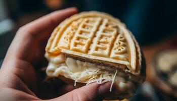 Hand holding homemade baked cookie, a sweet indulgence for refreshment generated by AI photo