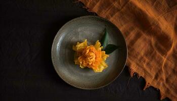 Rustic bowl of autumn fruit and flowers on wooden table generated by AI photo