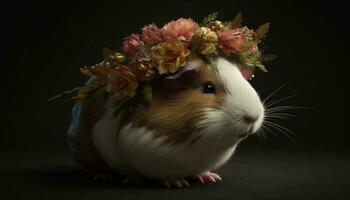 mullido joven Conejo con bigotes sentado en césped, rodeado por flores generado por ai foto