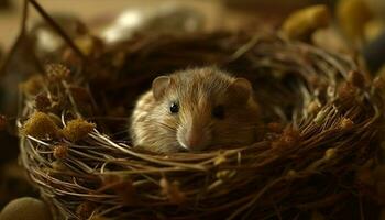Fluffy young mammal with whiskers and fur in animal nest generated by AI photo