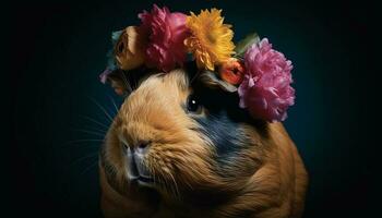 Fluffy yellow guinea pig portrait with pink daisy decoration generated by AI photo