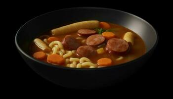 Healthy meal vegetarian stew with fresh vegetables and homemade bread generated by AI photo