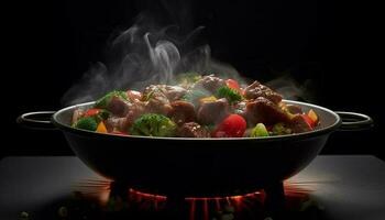 Grilled meat and vegetables on a hot cooking pan generated by AI photo
