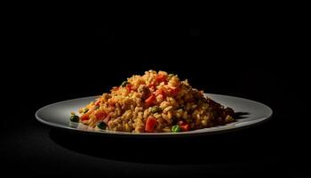 sano vegetariano comida al vapor pilau arroz con Fresco vegetales y hierbas generado por ai foto