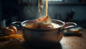 Freshly cooked vegetarian stew in a rustic wooden bowl on table generated by AI photo