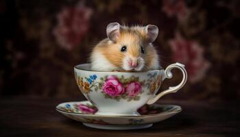 Fluffy guinea pig sitting on wood table eating gourmet meal generated by AI photo