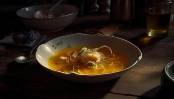 Freshly cooked gourmet seafood soup in a yellow crockery bowl generated by AI photo