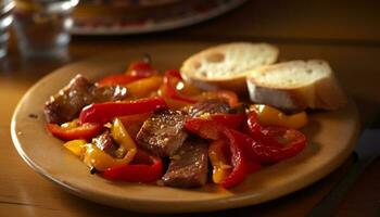 A la parrilla carne de vaca filete con tomate y vegetal aperitivo en plato generado por ai foto