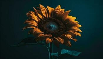 Vibrant sunflower blossom, yellow petal against black background, macro shot generated by AI photo