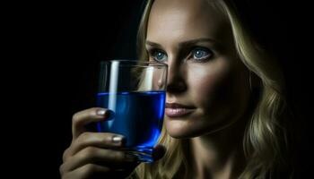 One young adult woman holding a refreshing blue drink, smiling generated by AI photo