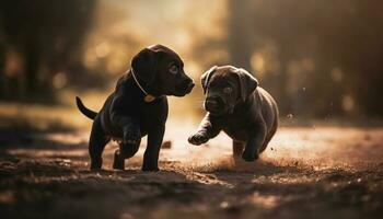 dos juguetón cachorros corriendo en el césped, disfrutando verano divertido generado por ai foto