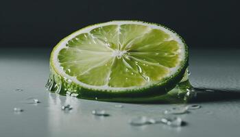 Juicy citrus slice, wet with drops, refreshing summer mojito cocktail generated by AI photo